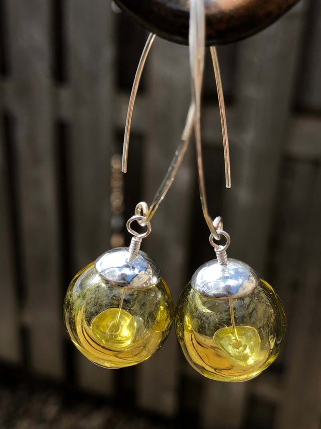 Yellow Earrings, Sterling Silver Fishhook Earrings, Silver Earrings,  Earrings, Lampwork Glass Earrings, OOAK Earrings, SDJ2012